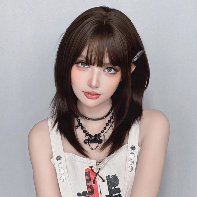 Straight hair bangs amber black brown full top headband,wig 01