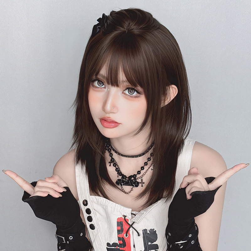 Straight hair bangs amber black brown full top headband,wig