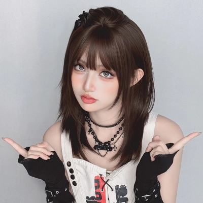 Straight hair bangs amber black brown full top headband,wig 02