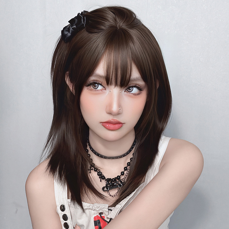 Straight hair bangs amber black brown full top headband,wig