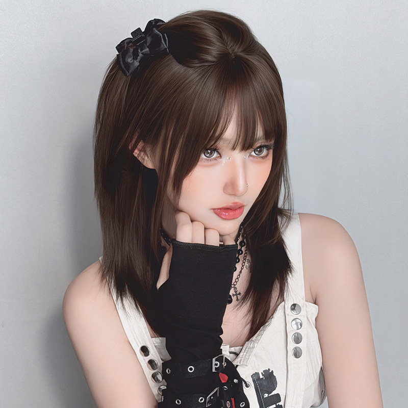 Straight hair bangs amber black brown full top headband,wig