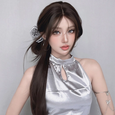 Straight hair line lace hand woven amber black wig 01