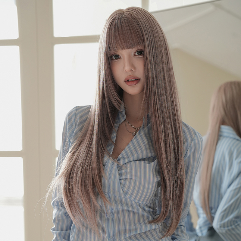 Thin vine pink bangs, long straight hair,wig