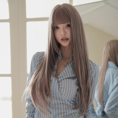 Thin vine pink bangs, long straight hair,wig 01