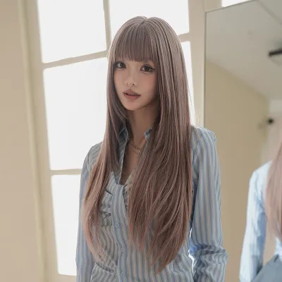 Thin vine pink bangs, long straight hair,wig 02