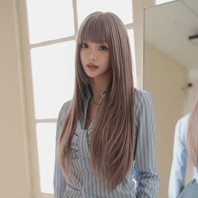 Thin vine pink bangs, long straight hair,wig 02
