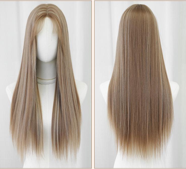 Flax brown synthetic fiber headpiece with long straight hair,wig