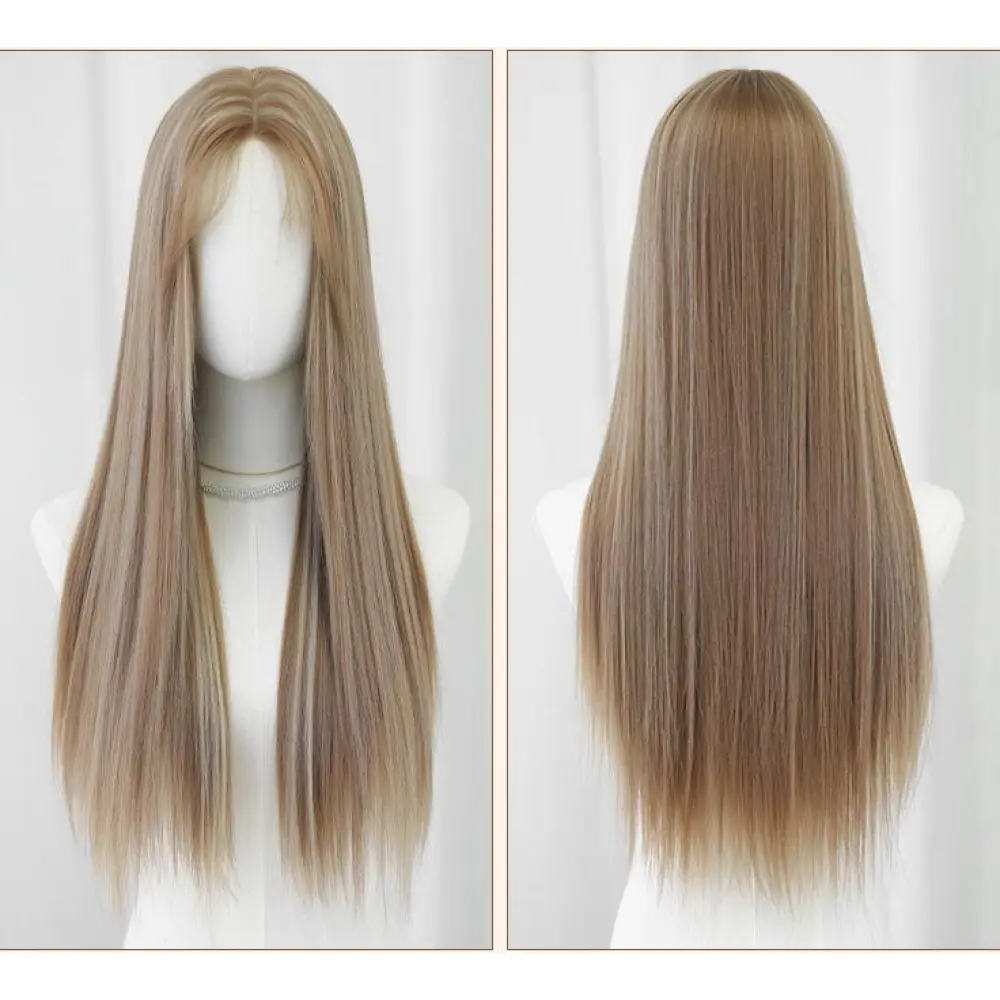 Flax brown synthetic fiber headpiece with long straight hair,wig