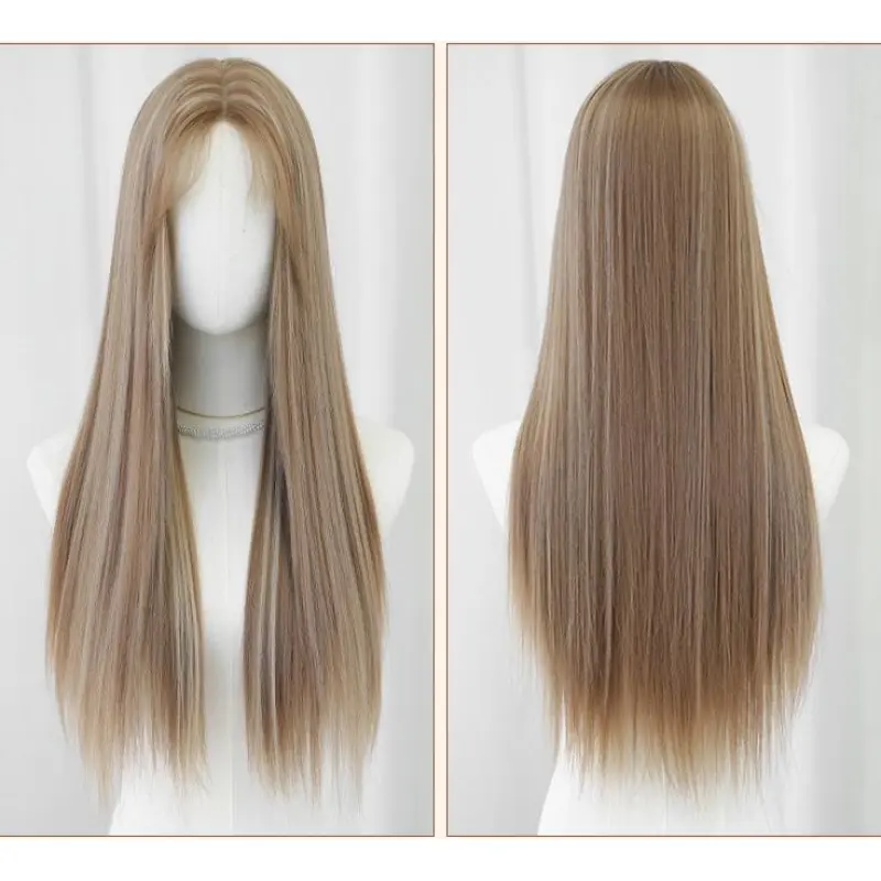 Flax brown synthetic fiber headpiece with long straight hair,wig