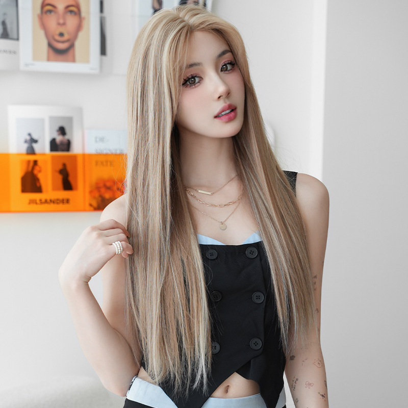 Flax brown synthetic fiber headpiece with long straight hair,wig