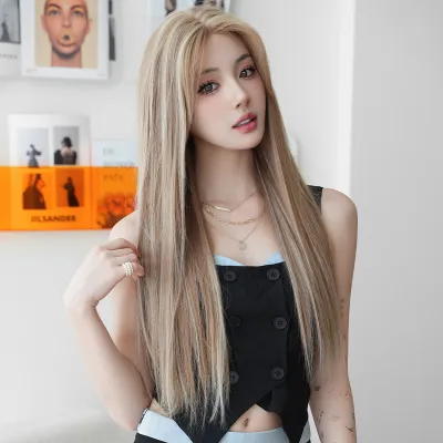 Flax brown synthetic fiber headpiece with long straight hair,wig 02