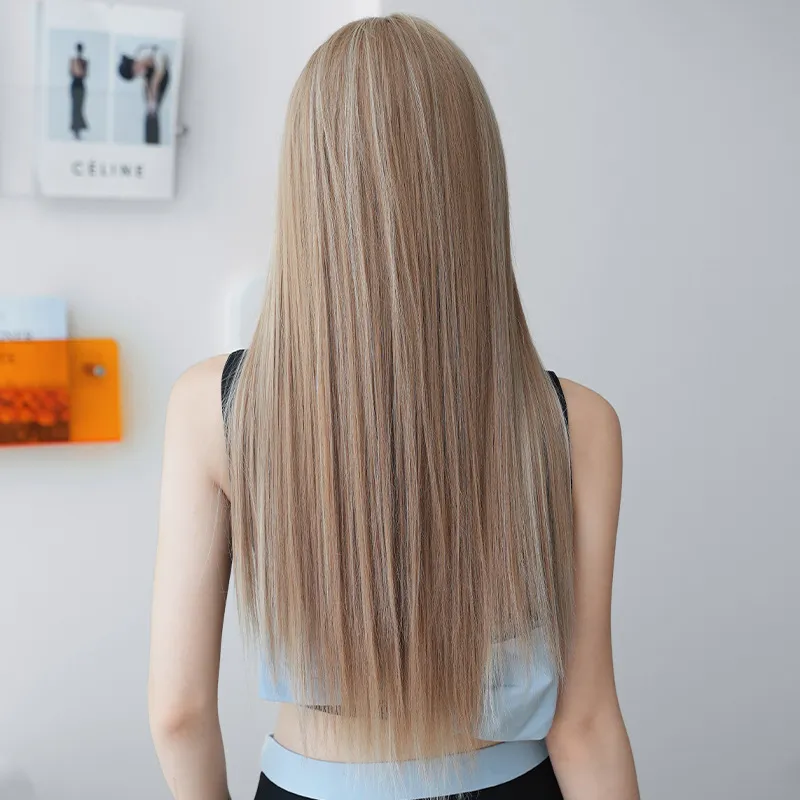 Flax brown synthetic fiber headpiece with long straight hair,wig