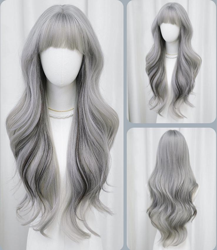 Silver highlights with bangs and long curly hair,wig