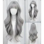 Silver highlights with bangs and long curly hair,wig