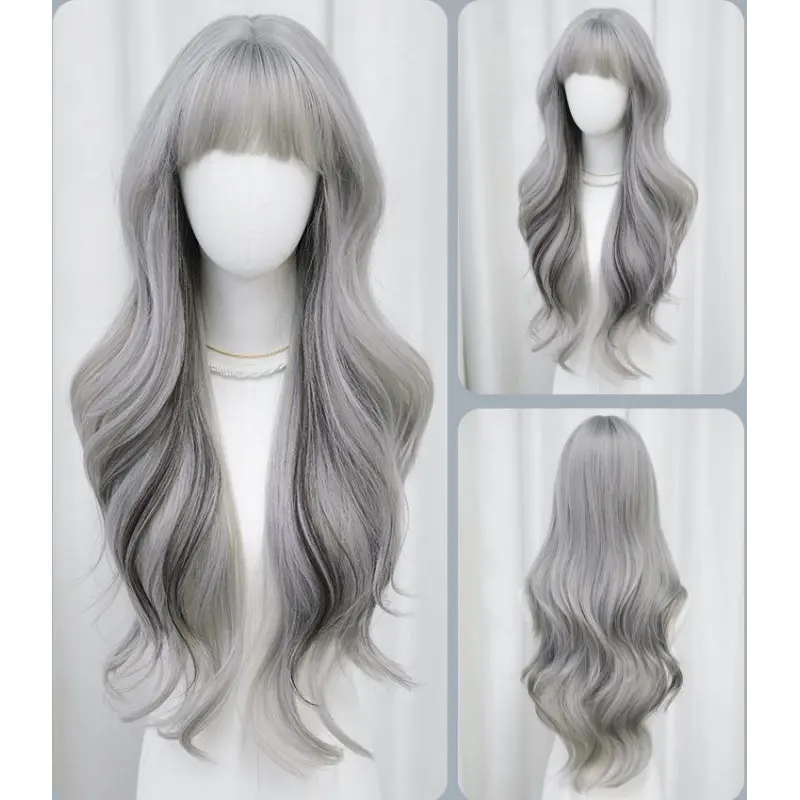 Silver highlights with bangs and long curly hair,wig