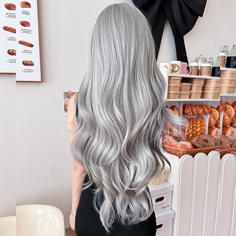 Silver highlights with bangs and long curly hair,wig