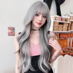 Silver highlights with bangs and long curly hair,wig