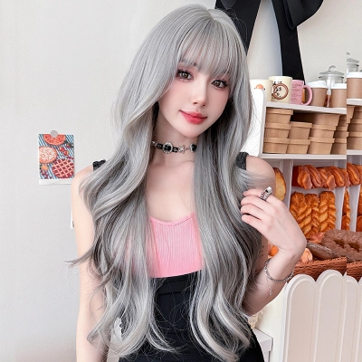 Silver highlights with bangs and long curly hair,wig 02