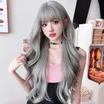Silver highlights with bangs and long curly hair,wig