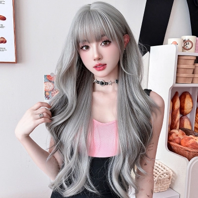 Silver highlights with bangs and long curly hair,wig 01