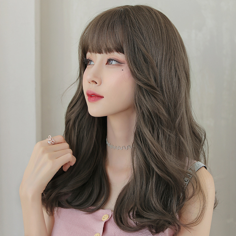 Air bangs fluffy medium long curly hair,wig