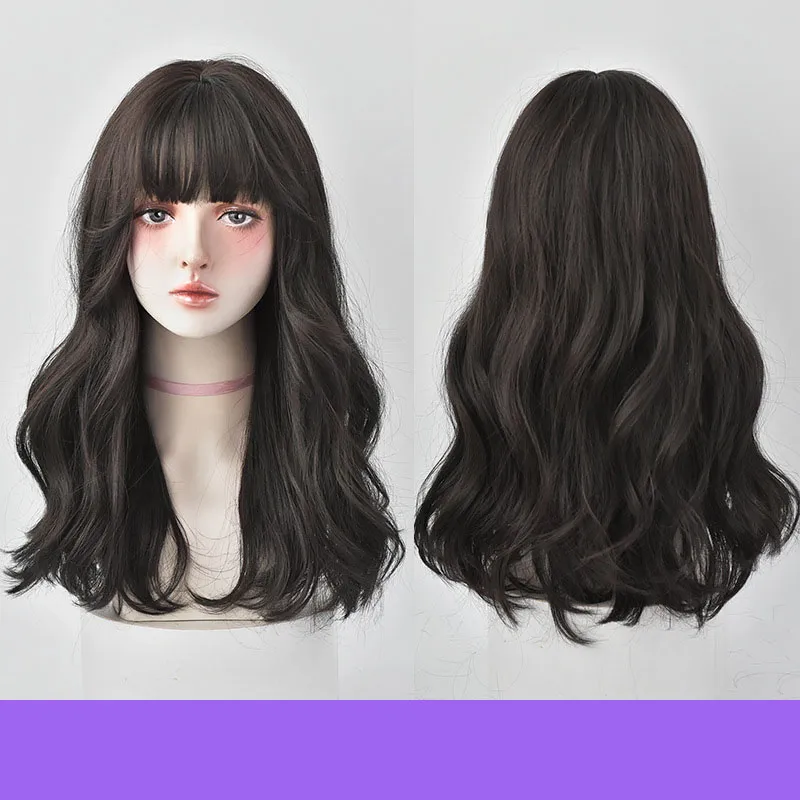 Air bangs fluffy medium long curly hair,wig