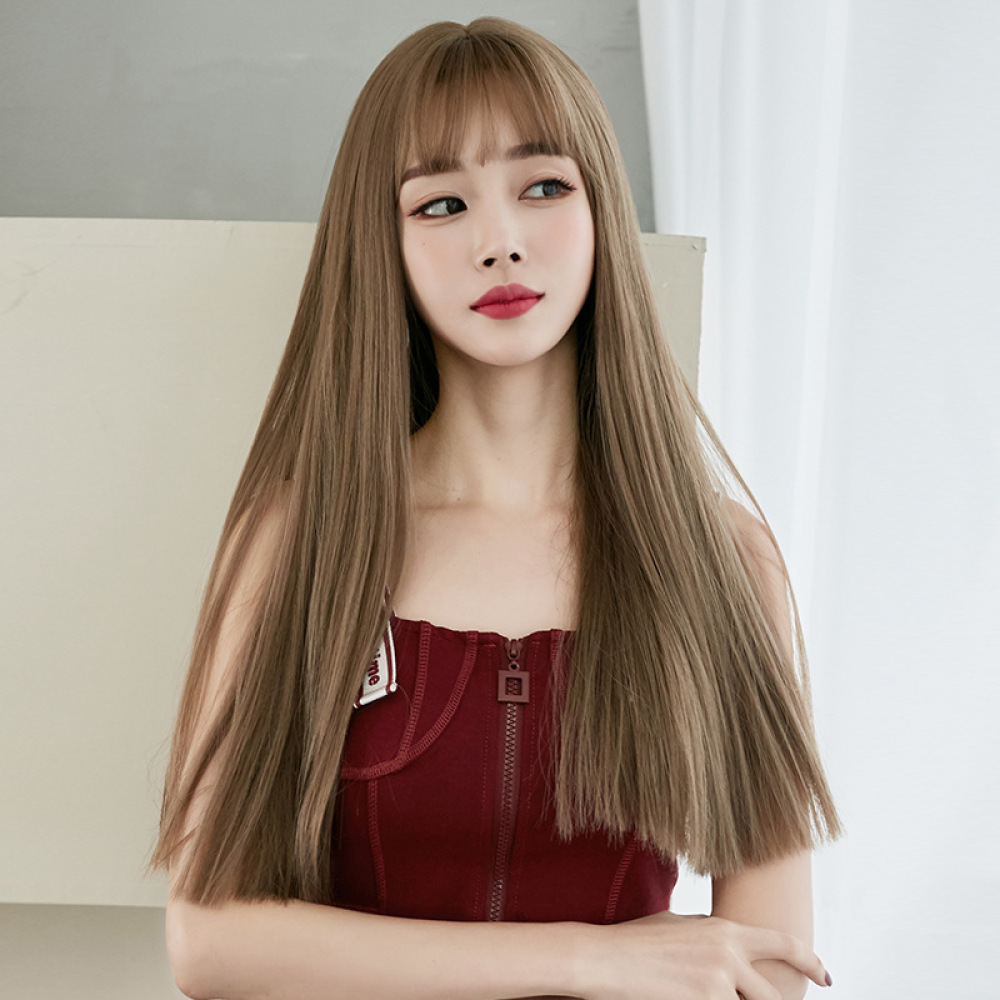 Black long straight hair with natural air bangs,wig