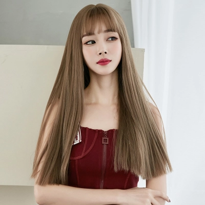 Black long straight hair with natural air bangs,wig 02
