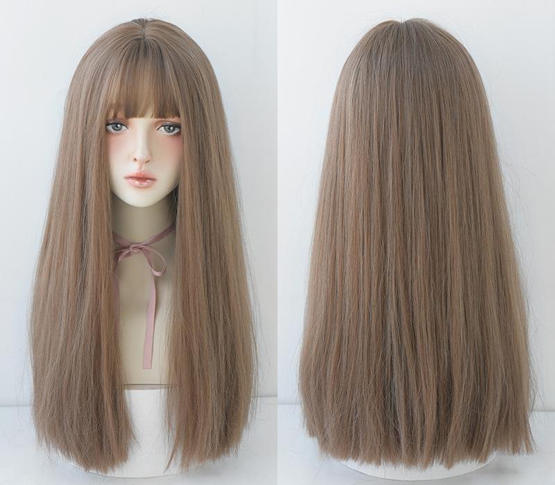 Black long straight hair with natural air bangs,wig