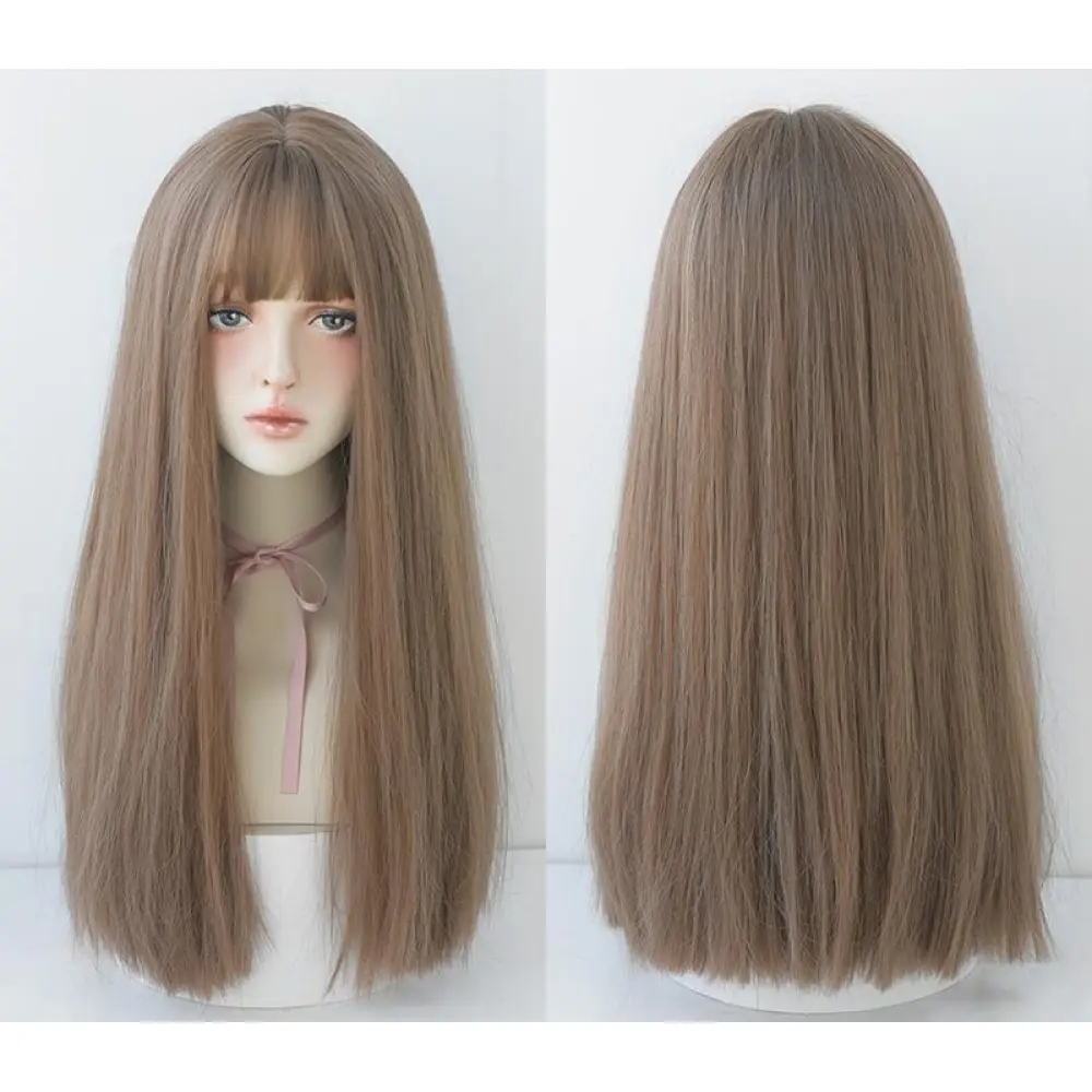 Black long straight hair with natural air bangs,wig