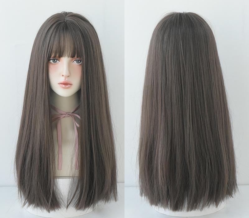 Black long straight hair with natural air bangs,wig
