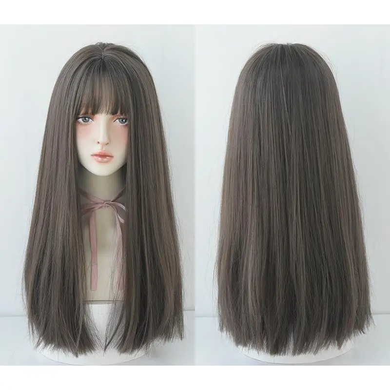Black long straight hair with natural air bangs,wig