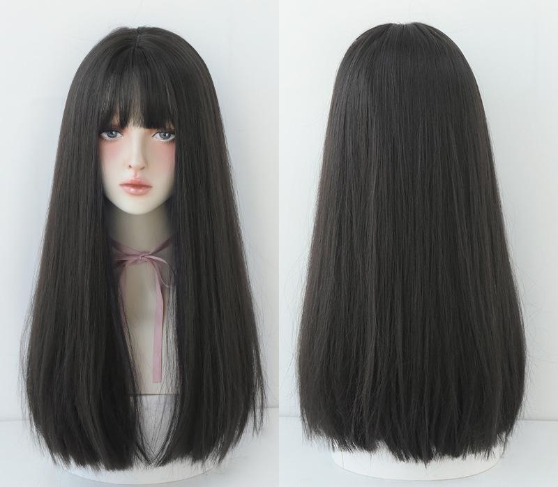 Black long straight hair with natural air bangs,wig