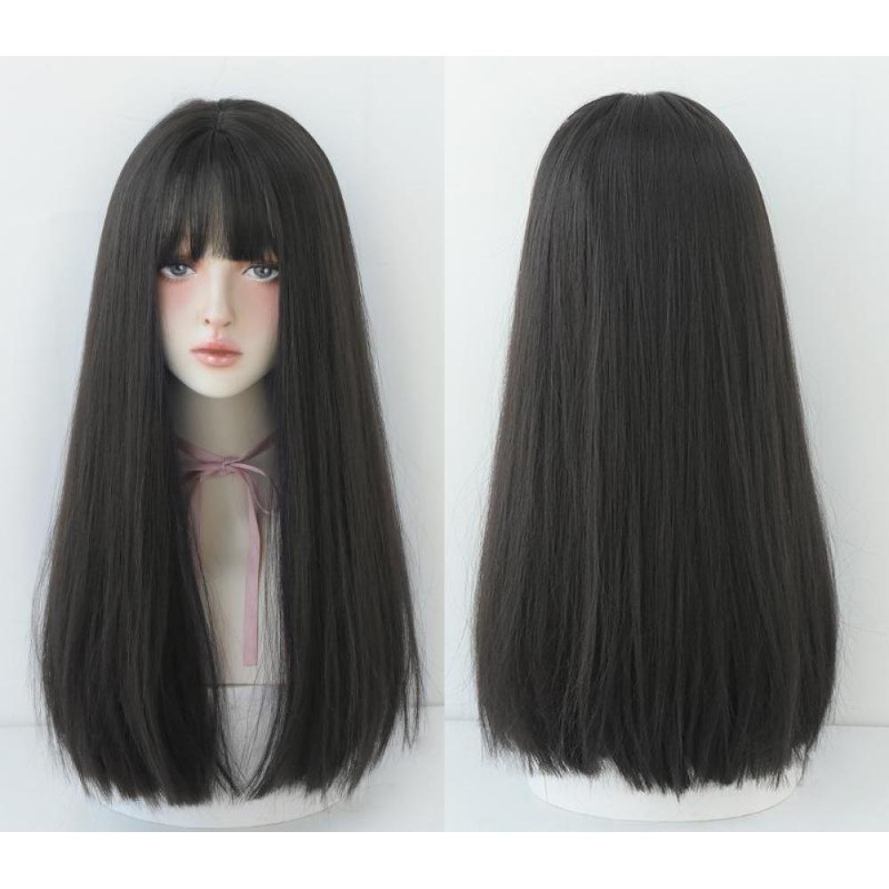 Black long straight hair with natural air bangs,wig