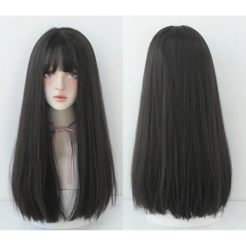 Black long straight hair with natural air bangs,wig