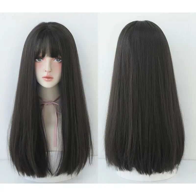 Black long straight hair with natural air bangs,wig
