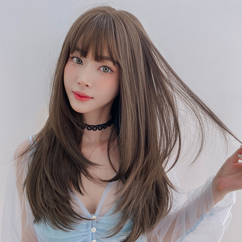 Button-in bangs with straight layers,wig