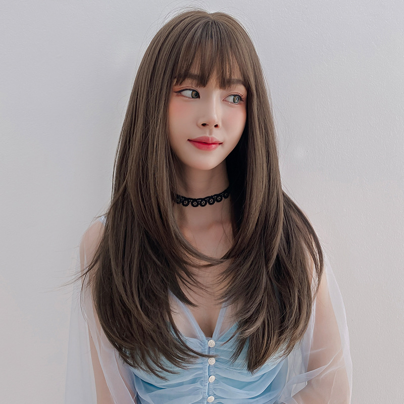 Button-in bangs with straight layers,wig
