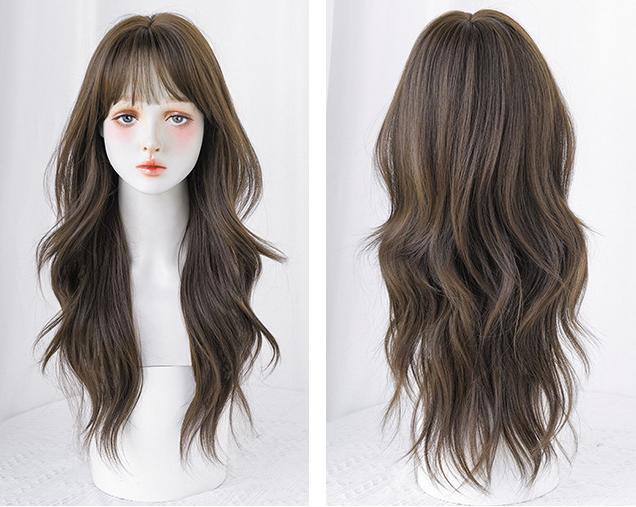 Morandi Brown Korean bangs with long curly hair,wig