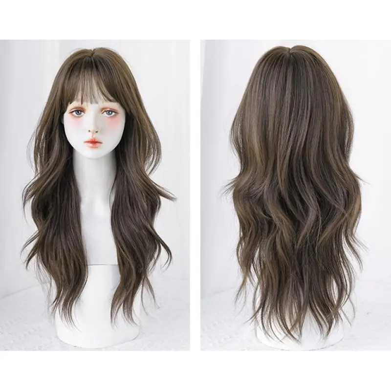 Morandi Brown Korean bangs with long curly hair,wig