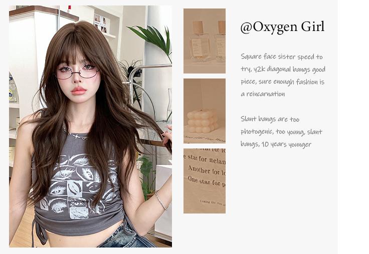 Morandi Brown Korean bangs with long curly hair,wig