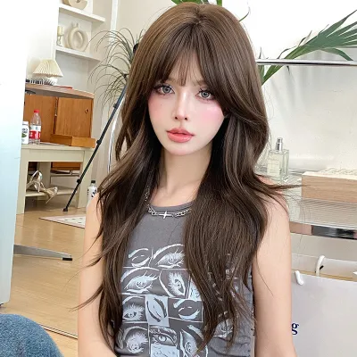 Morandi Brown Korean bangs with long curly hair,wig 02