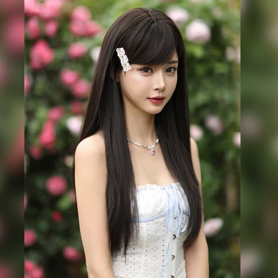 Pure black long straight natural hair,wig 02