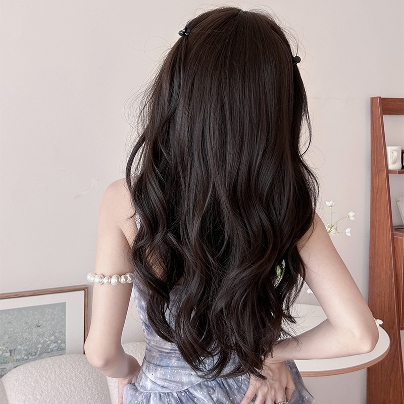 Korean black tea color gentle long curly hair,wig
