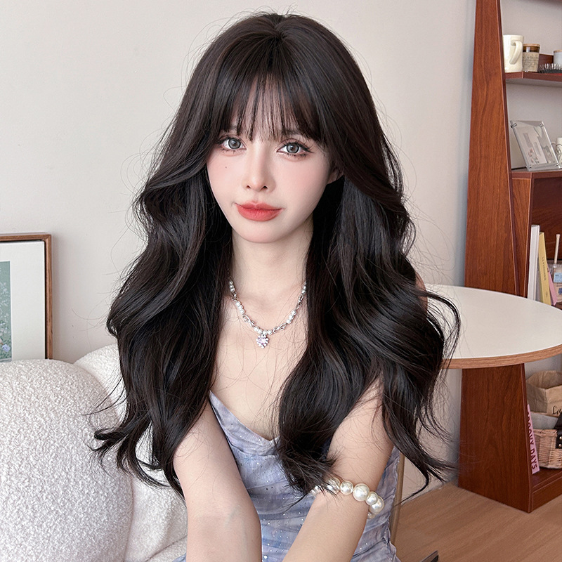 Korean black tea color gentle long curly hair,wig