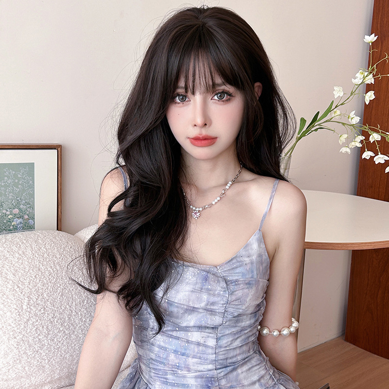 Korean black tea color gentle long curly hair,wig