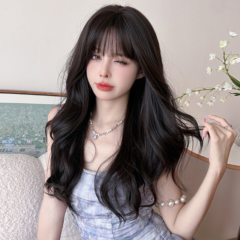 Korean black tea color gentle long curly hair,wig