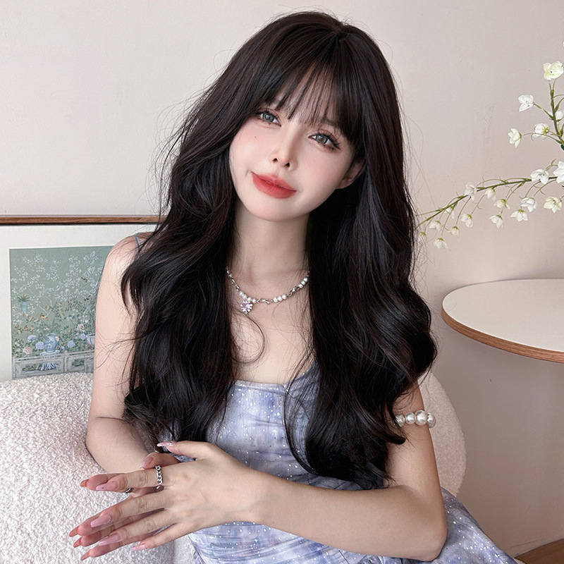 Korean black tea color gentle long curly hair,wig