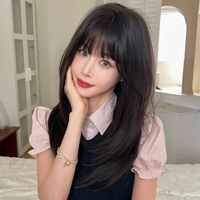 Neighbor sister with sweet inner button and medium long hair,wig 01