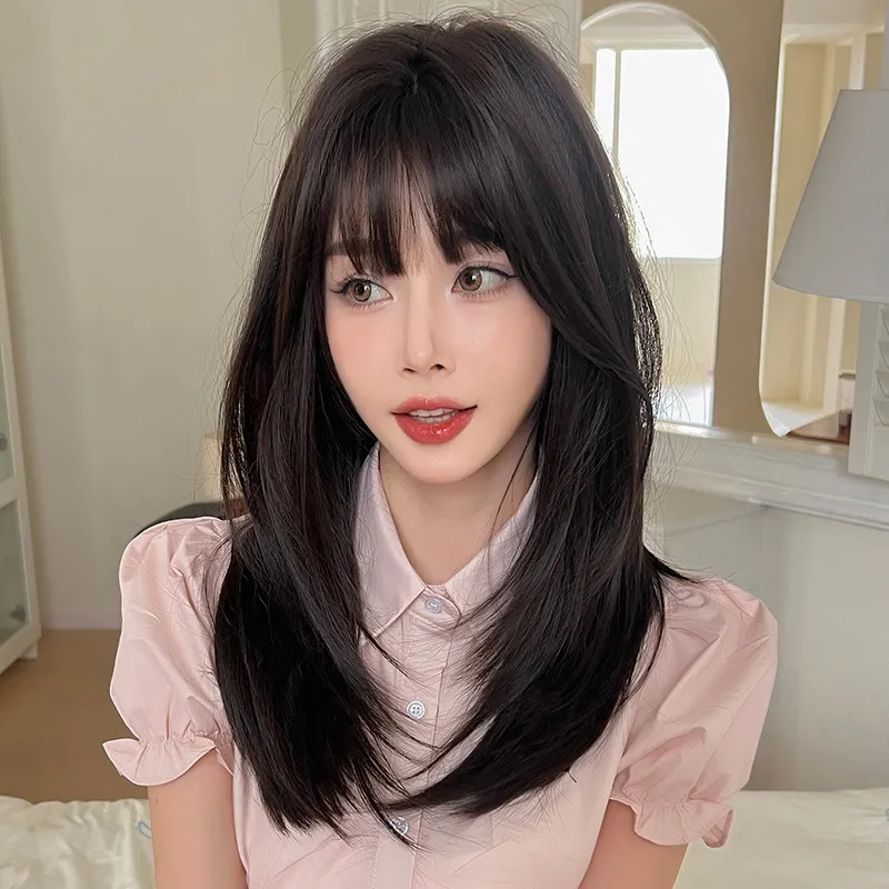 Neighbor sister with sweet inner button and medium long hair,wig